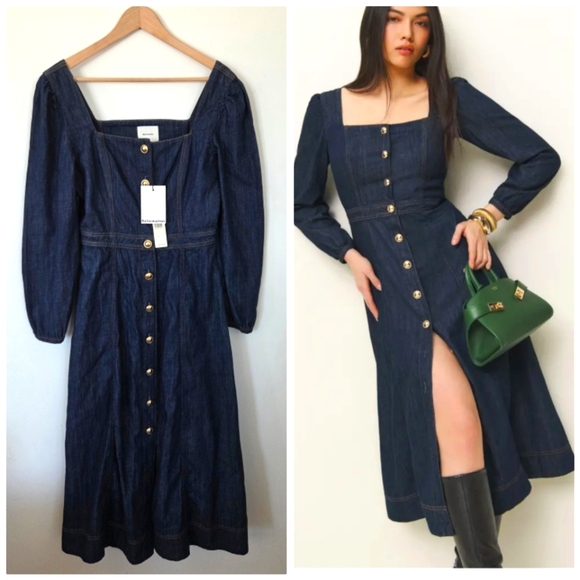 Reformation Celeste Long Sleeve Denim Midi Dress NWT button-up Square NeckChic